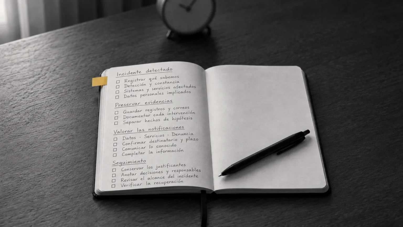 Cuaderno abierto con una lista de comprobación manuscrita sobre una mesa oscura, con un reloj de sobremesa desenfocado al fondo.