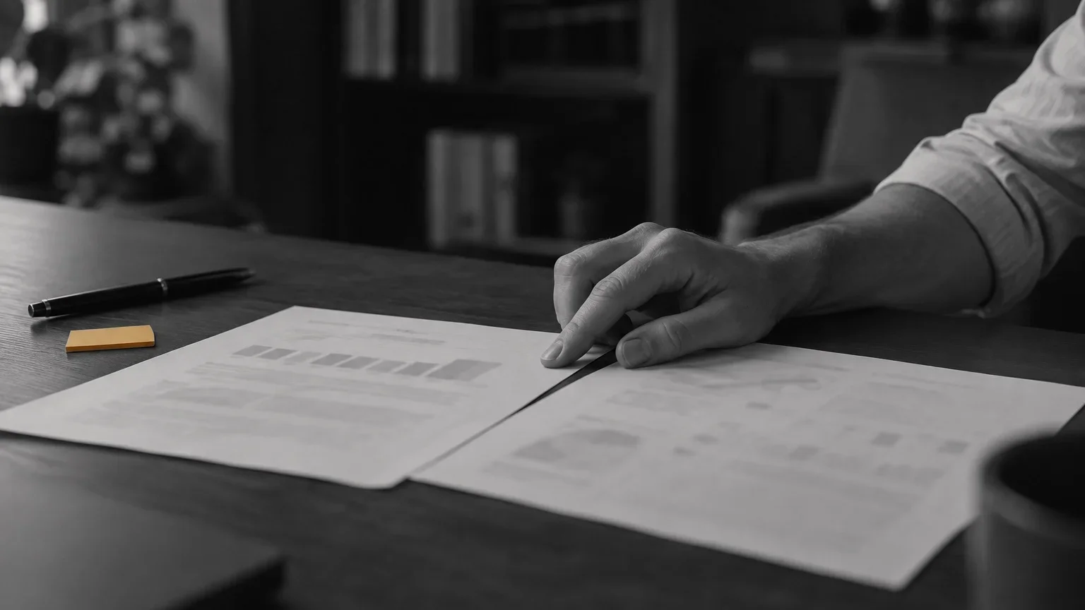 Una mano apoyada sobre un informe impreso con tablas y gráficos, en una mesa de trabajo oscura.