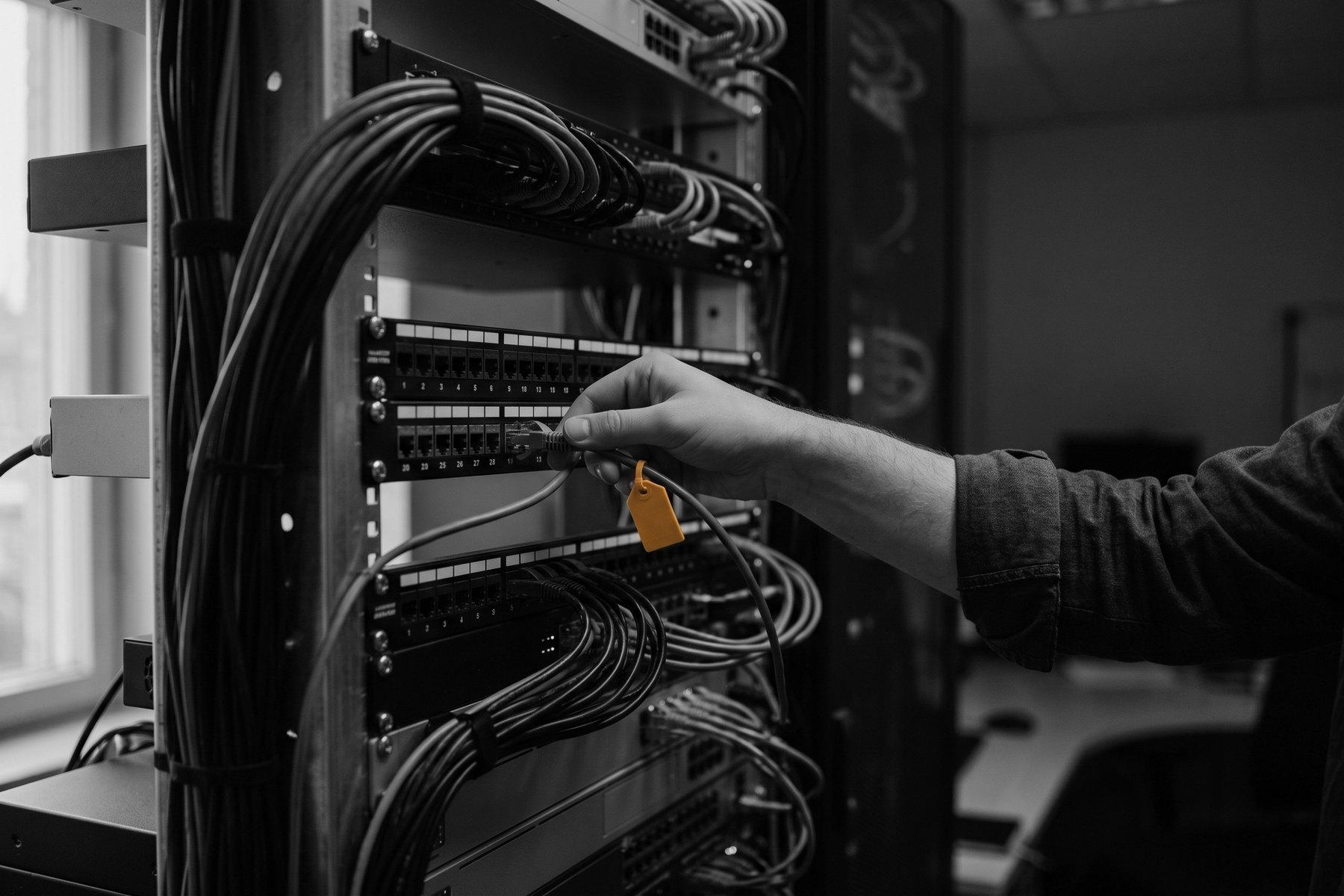 Detalle de un rack de red con el cableado ordenado: una mano conecta un cable en el panel de conexiones y una única etiqueta amarilla cuelga de él.