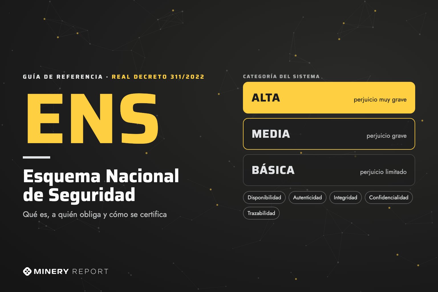 Ilustración de la guía del Esquema Nacional de Seguridad: las siglas ENS en amarillo y las tres categorías del Real Decreto 311/2022 —ALTA, perjuicio muy grave; MEDIA, perjuicio grave; BÁSICA, perjuicio limitado— con las cinco dimensiones: disponibilidad, autenticidad, integridad, confidencialidad y trazabilidad.