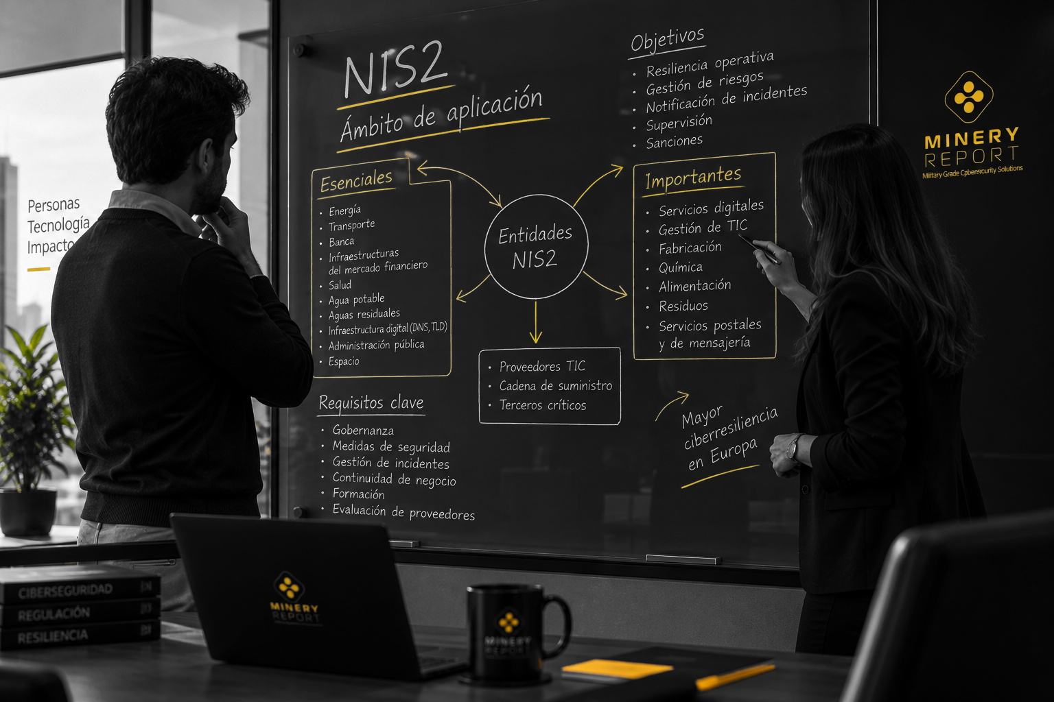 Dos profesionales frente a una pizarra de cristal con un esquema del ámbito de aplicación de NIS2: la división entre entidades esenciales e importantes, los requisitos clave y los objetivos de la directiva.